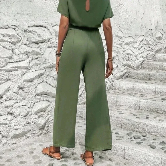 Army Green Preppy Womens Solid Batwing Sleeve Belted Jumpsuit - Picture 3 of 4